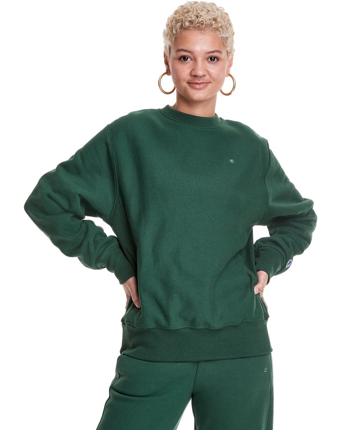 Champion Reverse Weave Boyfriend Crew Sweatshirt Dames - DonkerGroen - Belgie 6241QEXYW